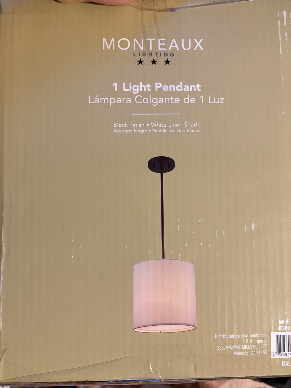 Monteaux Black Finish Pendant with White Linen Shade